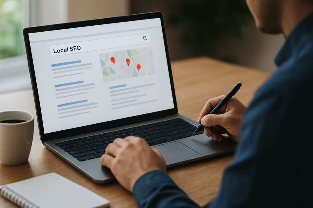 Mapa digital com marcadores de regiões destacadas, representando a criação de conteúdo automatizado com SEO local eficiente.