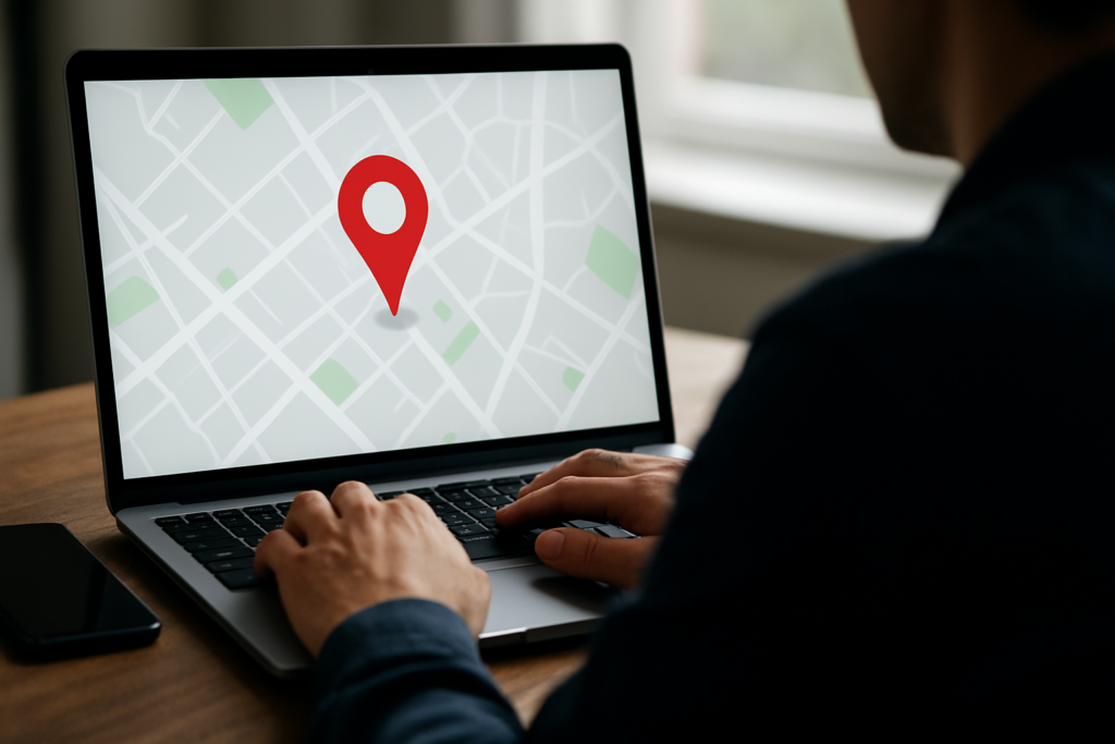 Mapa digital com marcadores de localização, simbolizando um blog automatizado e otimizado para buscas locais de SEO com geolocalização.