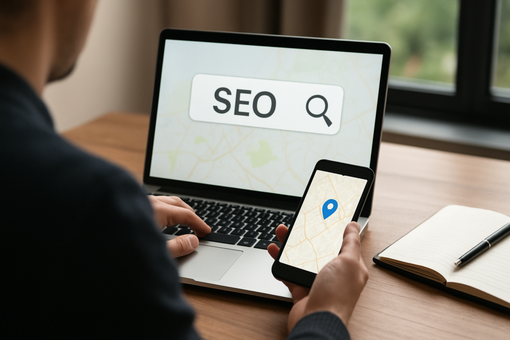 Ilustração de um mapa com elementos digitais e gráficos, destacando estratégias de SEO geográfico e erros frequentes na automação de blogs.