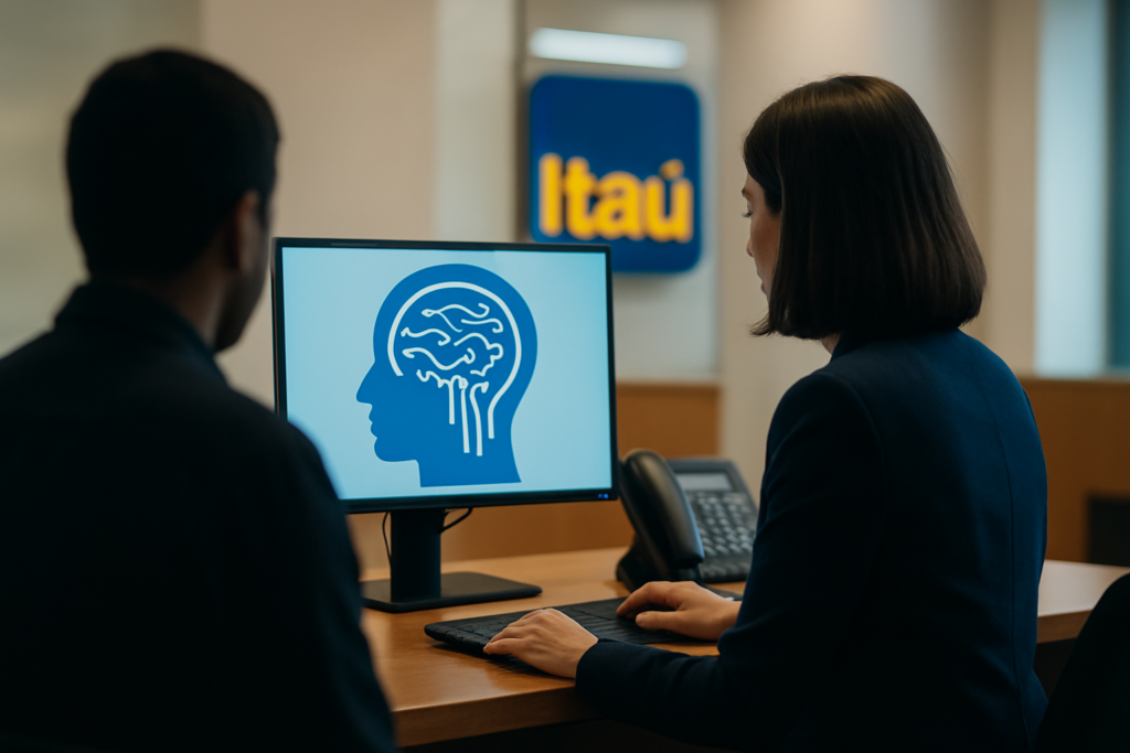 Ilustração de um assistente de inteligência artificial interagindo com clientes no ambiente bancário do Itaú, destacando inovação e atendimento humanizado