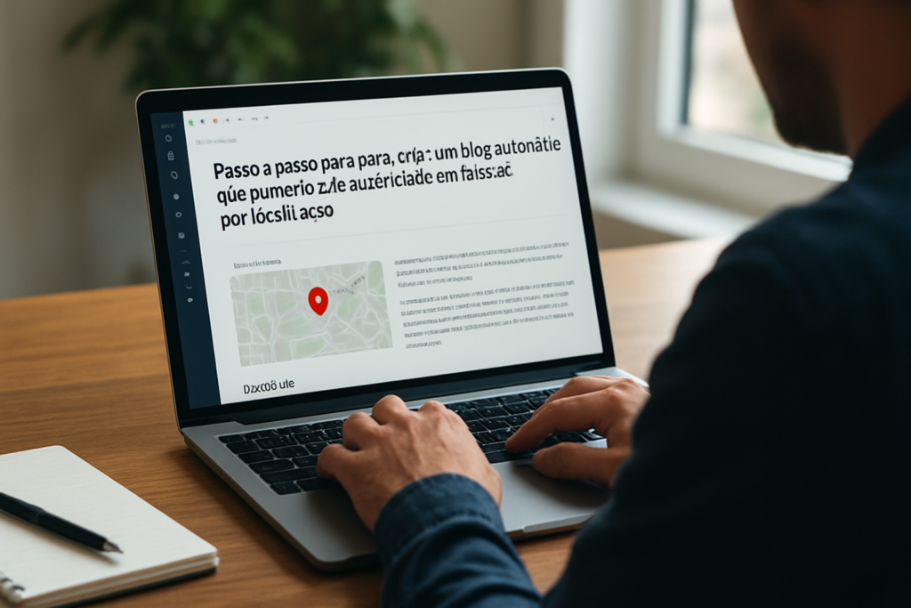 Ilustração de um computador com mapa e gráficos, simbolizando estratégia de SEO local para criar um blog automático e aumentar autoridade.