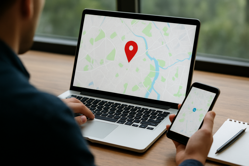 Mapa digital com marcadores de localização e gráficos de crescimento, ilustrando técnicas avançadas de geolocalização para impulsionar o posicionamento no Google.