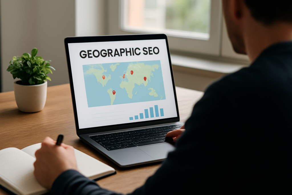 Mapa digital destacando regiões com marcadores de localização, ilustrando tendências de SEO geográfico em blogs automáticos para 2026