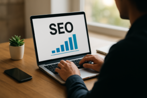 Ilustração de um blog automático otimizado para SEO local, com gráficos e mapas destacando tendências de SEO para 2026